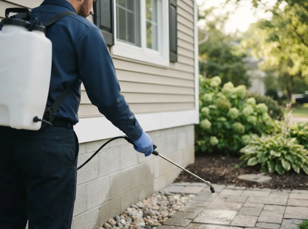 Pest control technician inspecting a home in Simpson, WV